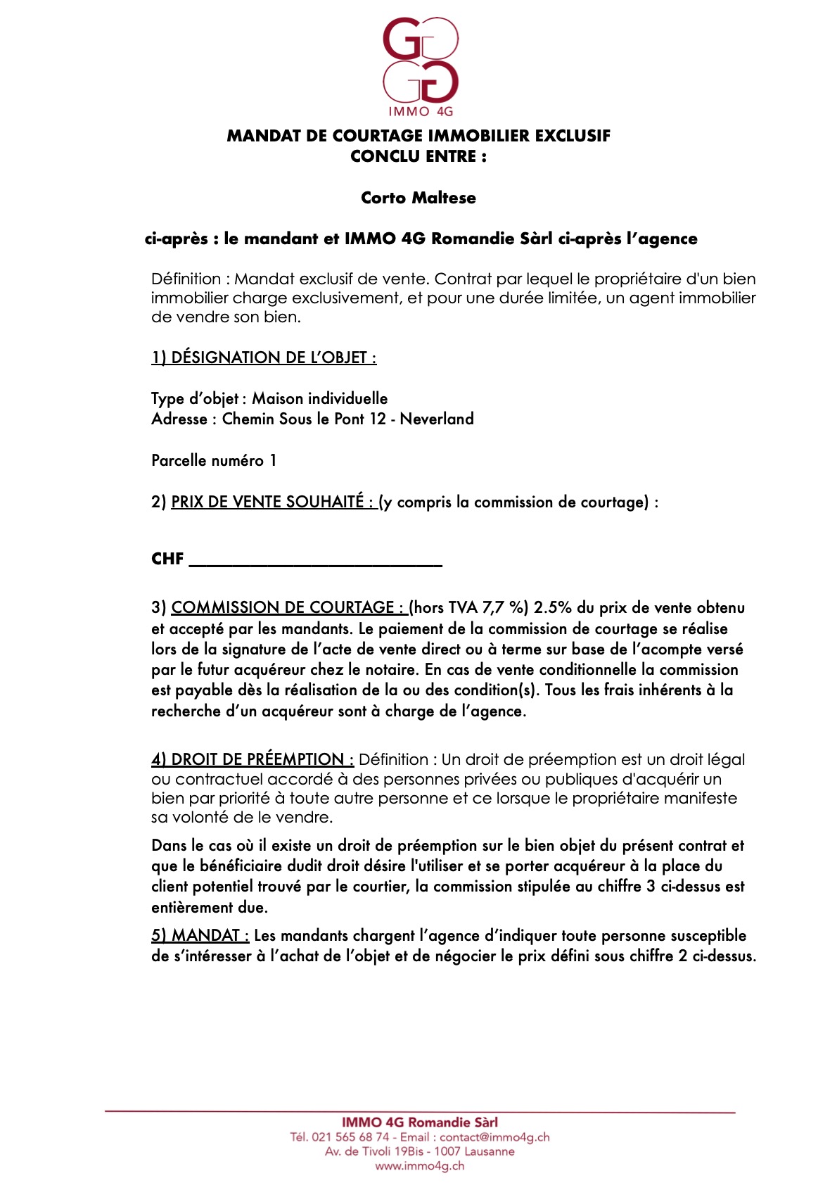Mandat type EXCLUSIF Immo 4G page 1